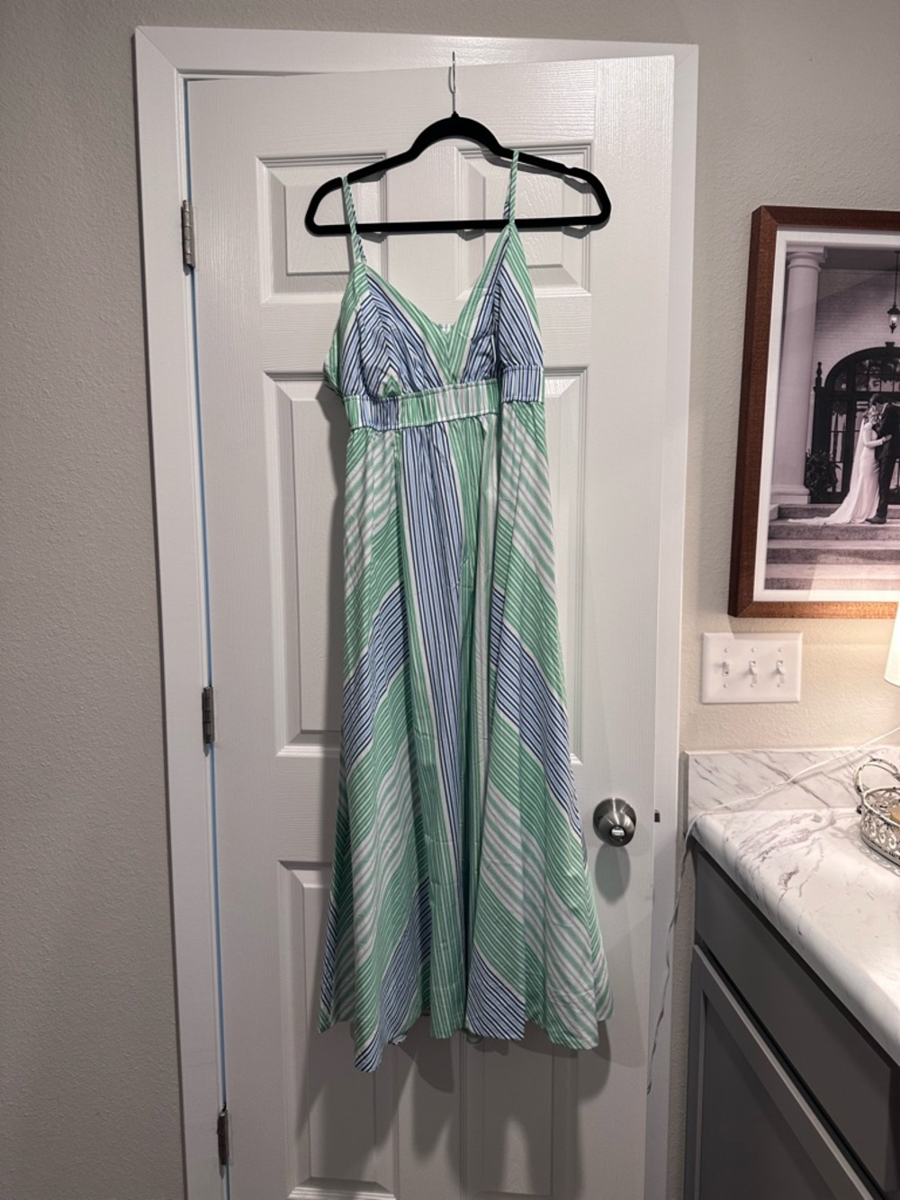 Striped Spaghetti-Strap Maxi Dress in Mint and Light Blue